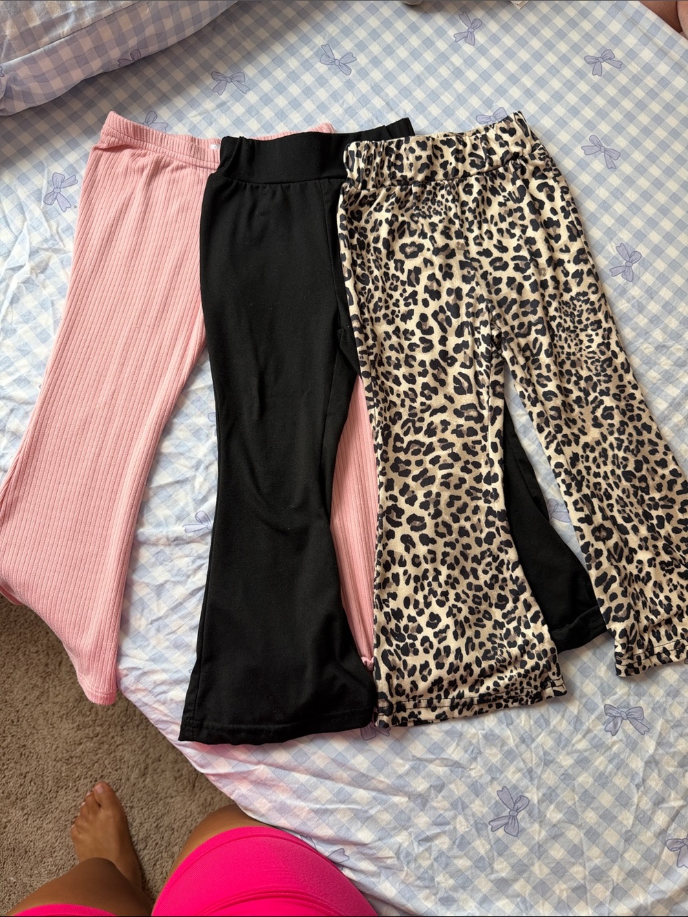 Kids Ribbed Pink, Black & Leopard Print Flared Pants - Stylish Trio